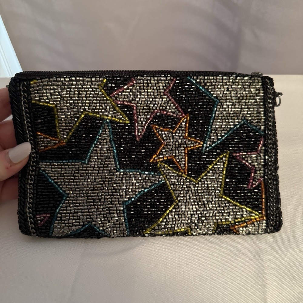 Mary Frances Beaded Black Stars Chain Crossbody Clutch Handbag Purse Evening Bag